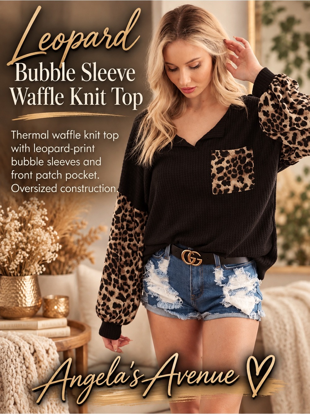Leopard Bubble Sleeve Waffle Knit Top NEW
